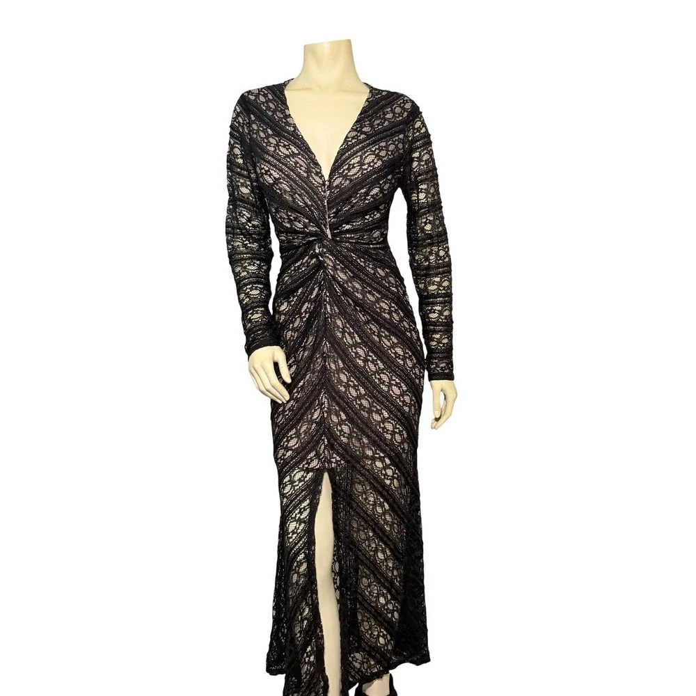 venus long lace dress VENUS | Dresses | Venus Lace Maxi Dress Women Large Black Nude New Twist  Front Vneck Long Sleeve